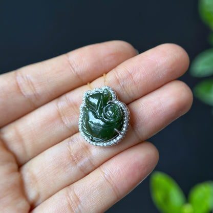 Ho Ly Nephrite Jade Charm In Silver Setting with White Stones