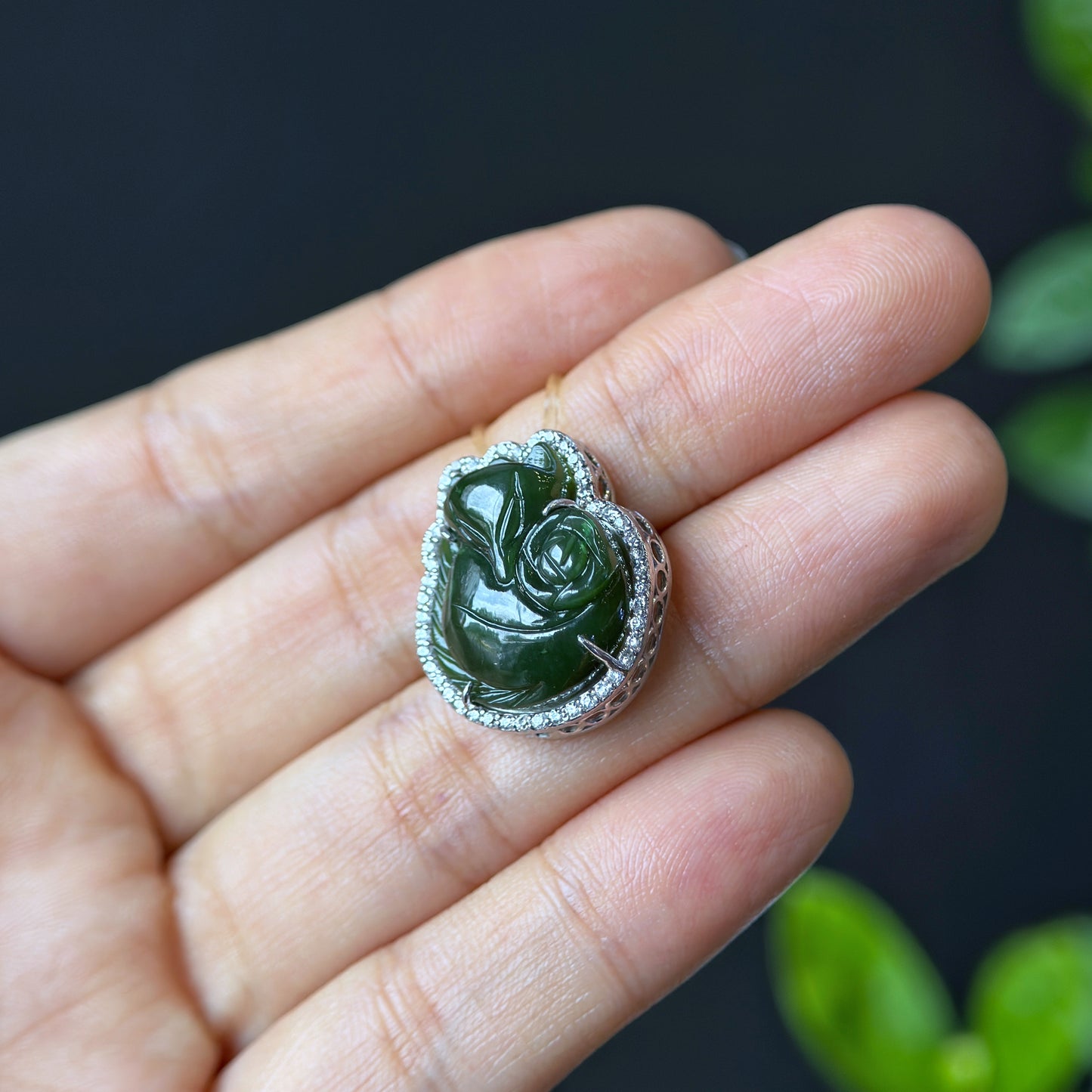 Ho Ly Nephrite Jade Charm In Silver Setting with White Stones