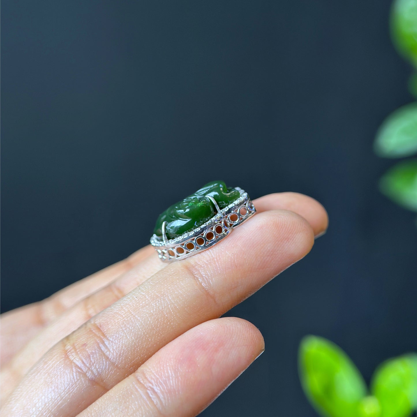 Ho Ly Nephrite Jade Charm In Silver Setting with White Stones