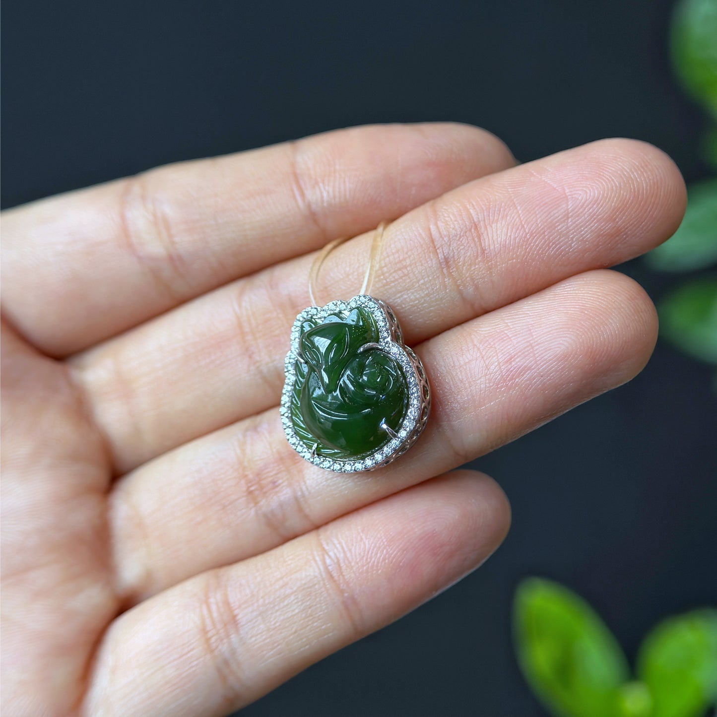 Ho Ly Nephrite Jade Charm In Silver Setting with White Stones