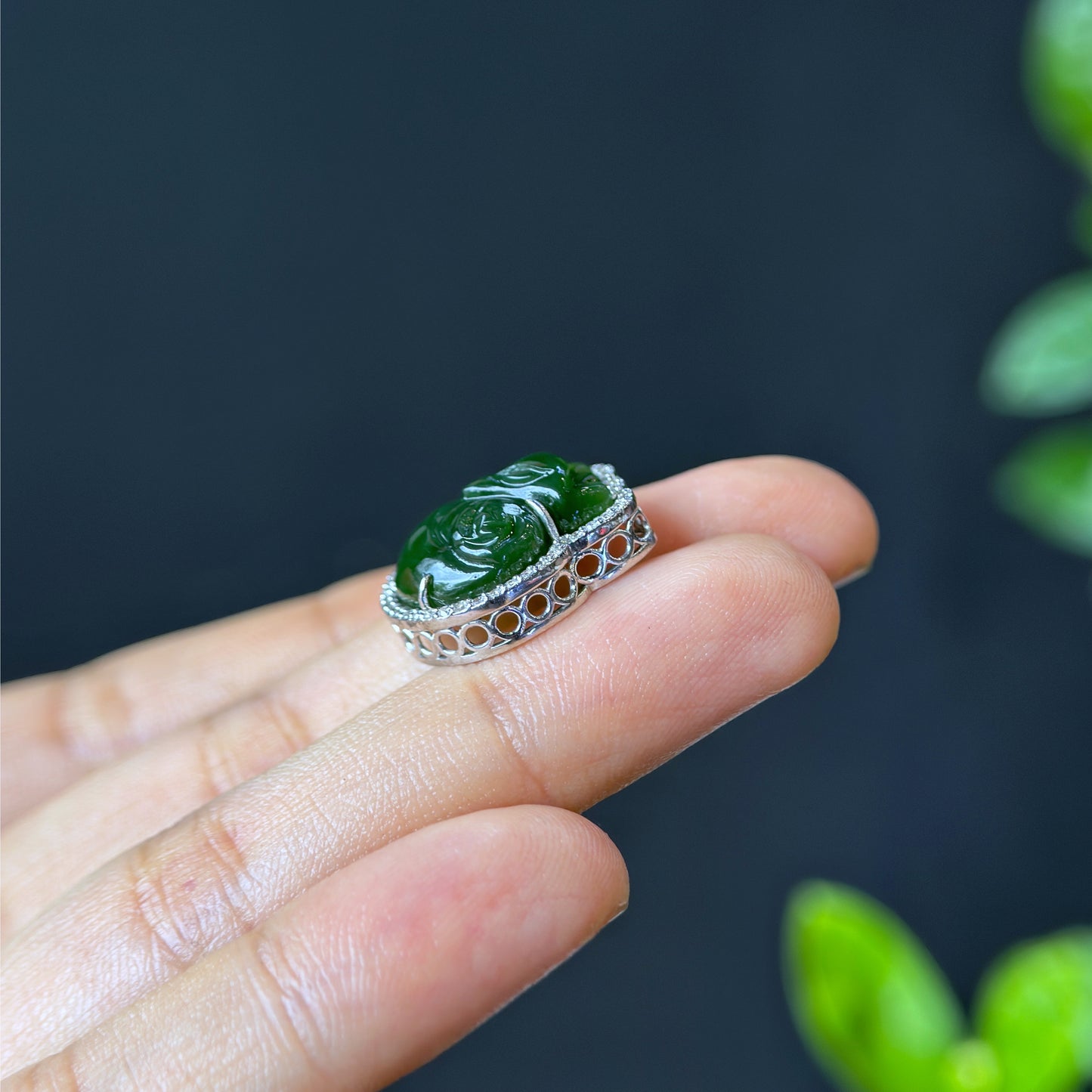 Ho Ly Nephrite Jade Charm In Silver Setting with White Stones