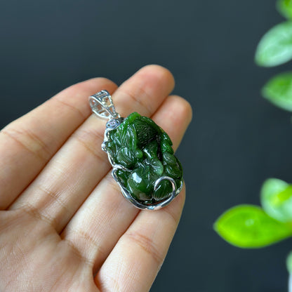 Pixiu Nephrite Jade Pendant in Silver Setting