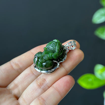 Pixiu Nephrite Jade Pendant in Silver Setting