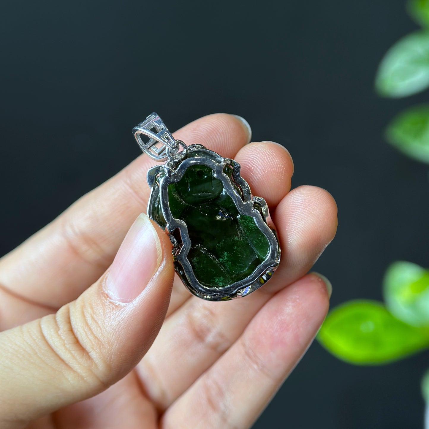 Pixiu Nephrite Jade Pendant in Silver Setting