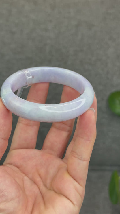 Natural Semi-Translucent Taro Purple with Light Green Type A Jadeite Jade Bangle Leaf Style Size 56.8 mm