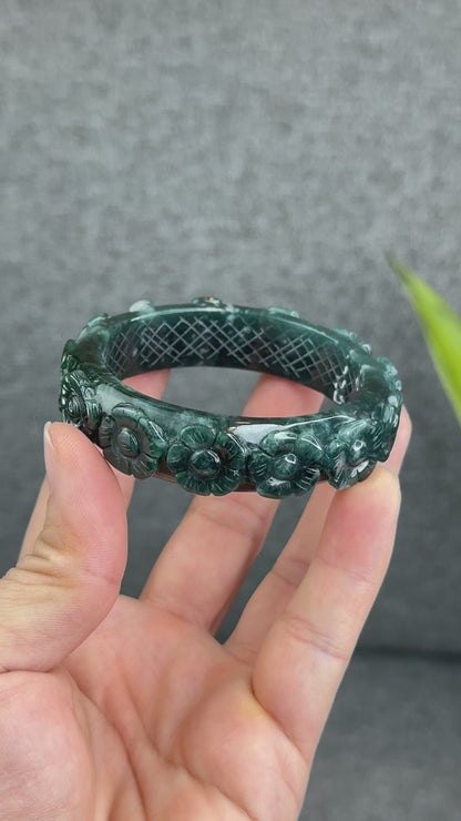 Natural Water Green Floating Flower Carving Jadeite Jade Banlge Square Style Size 55 mm
