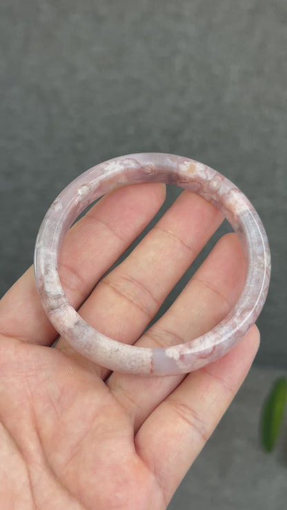 Natural Floral Agate with Pink Amethyst Bangle Leaf Style Size 56.5 mm