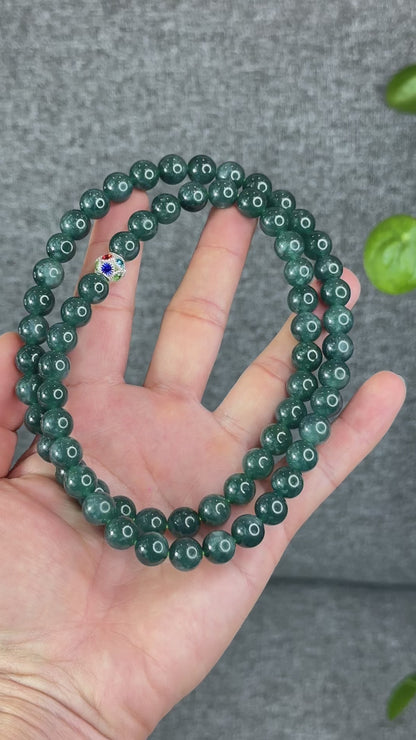Natural Semi-Translucent Floral Water Green Jadeite Jade Triple Wrap Bracelet/Necklace 10 mm