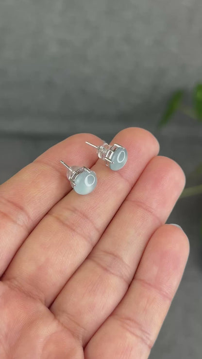 Natural Water Green Jadeite Jade Stud Earrings with S925 Silver Setting - High Quality