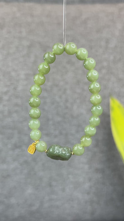 Natural Olive Green Hoa Dien Nephrite Jade mixed with Pixiu Bracelet Size 8 mm