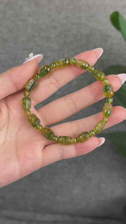 Bi Colour Green-Yellow Natural Tourmaline Pixiu Bracelet Size 6.8 mm