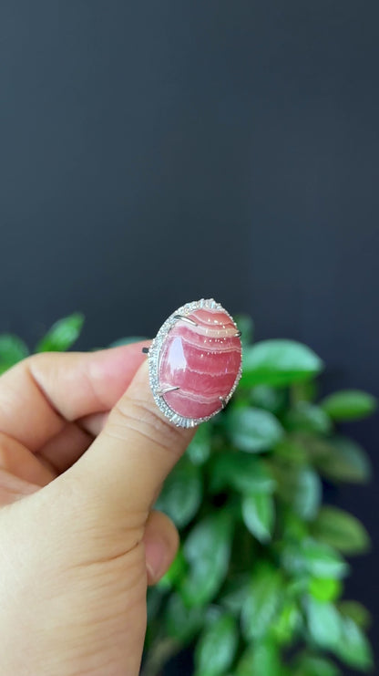 Oval Rhodochrosite Ring in Silver with White Stone Setting Size 1.8