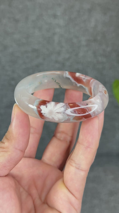 Natural Floral Agate Bangle Size 52 with Matching Red-Pink-Green Tassel