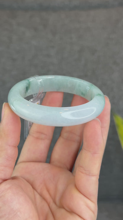 Natural Floating Floral Moss Green Semi Translucent Jadeite Jade VIP Bangle Leaf Style Size 54.8 mm