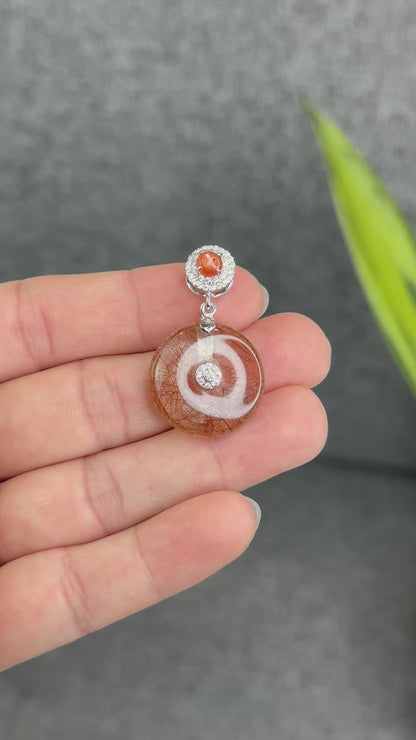 Natural Copper Rutilated Quartz - Donut Dong Dieu with Sunstone Silver Gold Plated Hook