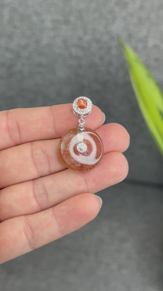 Natural Copper Rutilated Quartz - Donut Dong Dieu with Sunstone Silver Gold Plated Hook