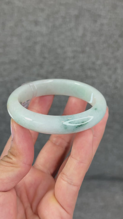 Natural Floral Green with Touch of Orange Semi-Translucent Jadeite Jade Bangle Leaf Style Size 54.7 mm