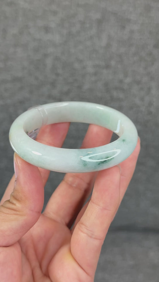 Natural Floral Green with Touch of Orange Semi-Translucent Jadeite Jade Bangle Leaf Style Size 54.7 mm