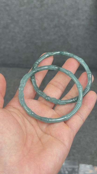 Natural Blue Water Jadeite Jade Bamboo with Dragon Bangle Chopstick Style 61.4 mm