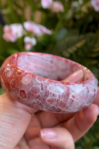 Natural Red Coral Fossil Bangle Leaf Style Size 56.5 mm