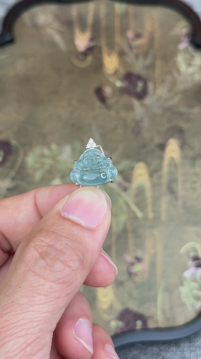 Natural Water Green Jadeite Jade Happy Buddha Pendant with S925 Silver Setting