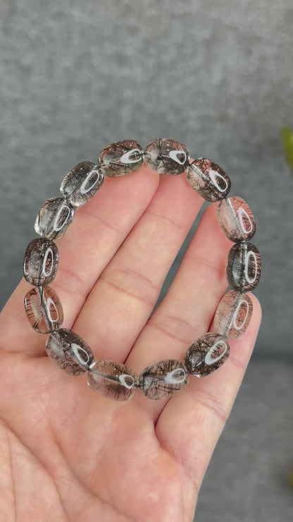Natural Black Rutilated Quartz Lu Thong Bracelet Size 10.3-10.5 mm