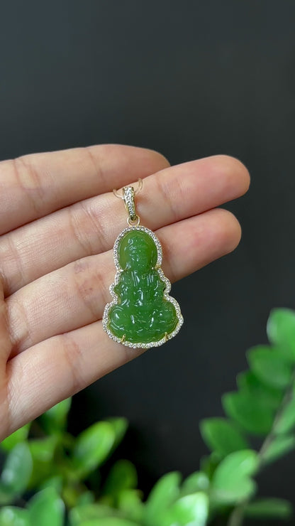 Quan The Am Buddha Nephrite Jade Pendant in 10K Yellow Gold Setting