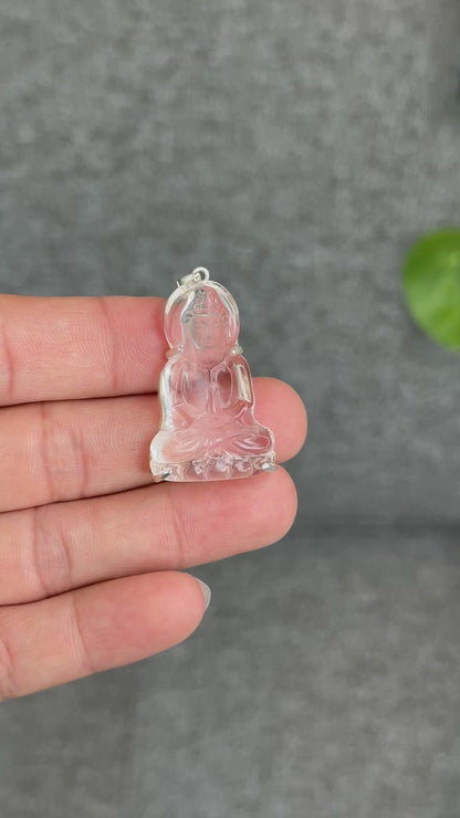 Natural Clear Quartz Tara Buddha Pendant with Paw Hook s92 Silver