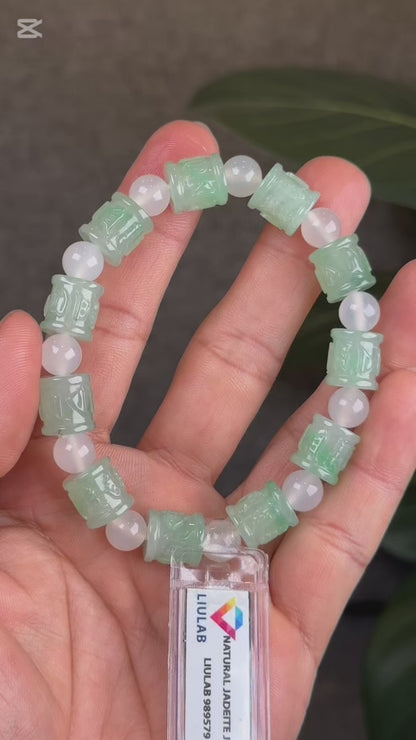 Carved Natural Jadeite Jade Om Mani Padme Hum Bracelet with Chalcedony Beads Size 10 mm with Gem Review Certificate