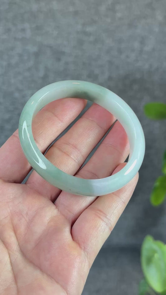 Moss Green Ivory White Natural Jadeite Jade Bangle Oval Leaf Style Size 55 mm