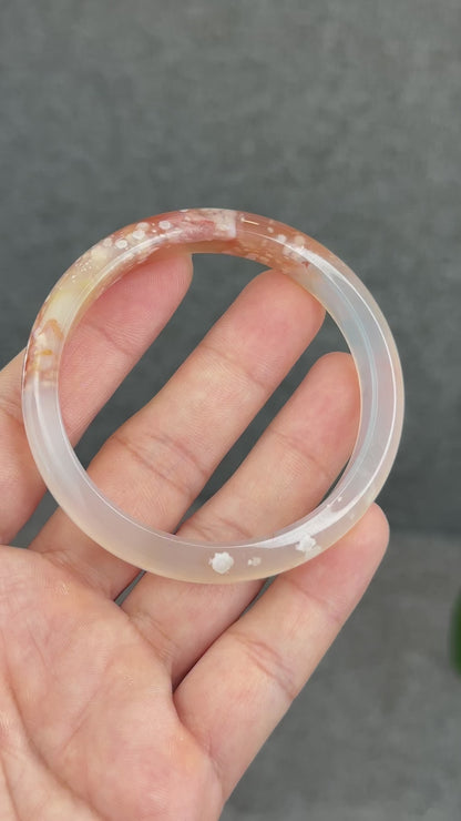 Natural Translucent Floral Agate Bangle Leaf Style Size 56 mm