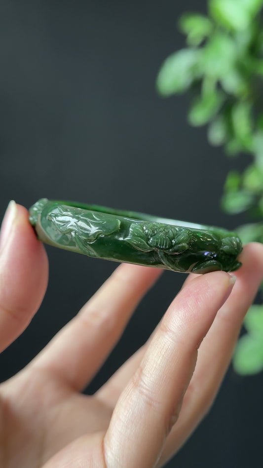 Lotus Carving Natural Nephrite Jade VIP Bangle Leaf Style Size 55 mm