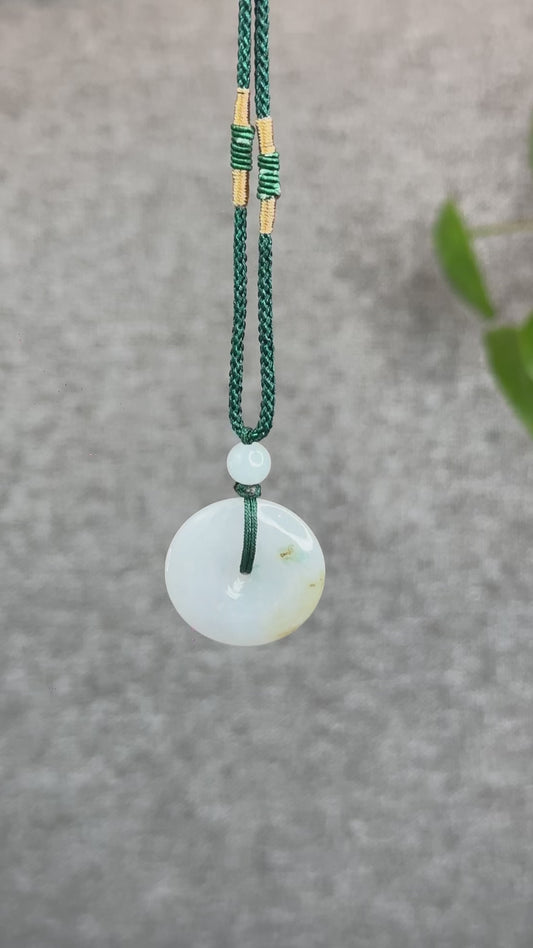 Natural Semi-Translucent  Floating Moss Floral Green Jadeite Jade Donut Necklace