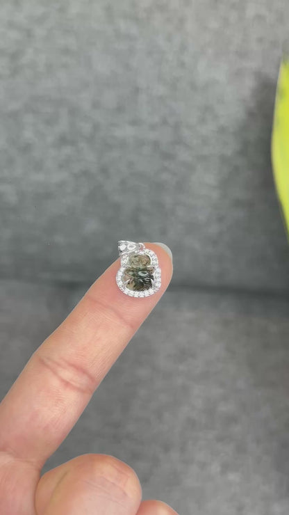 Natural Green Rutilated Quartz Ho Ly Pendant In Silver with White Gold Platting Setting