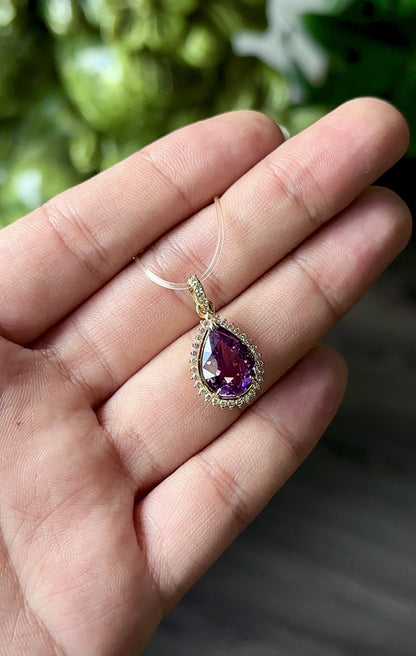 Tear Drop Amethyst Pendant In 10 k Yellow Gold and White Stone Setting