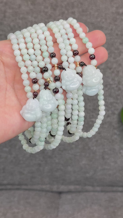 Natural Ivory Light Green Buddha Pendant Type A Jadeite Jade Triple Wrap Bracelet Size 6 mm