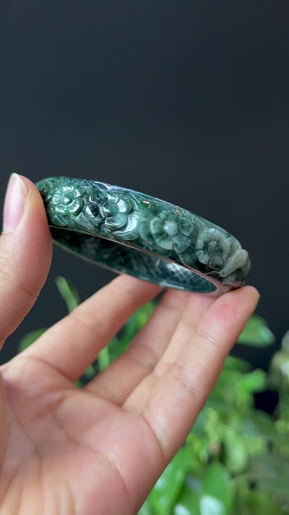 Natural Water Green Floating Flower Carving Jadeite Jade Banlge Leaf Style Size 56 mm