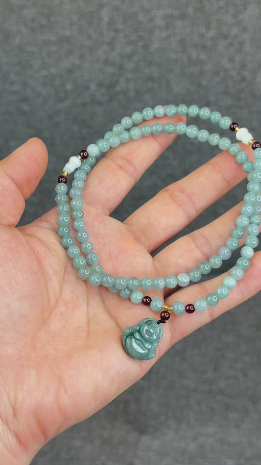 Natural Water Green Jadeite Jade Necklace mixed with Garnet and Happy Buddha Jadeite Jade Beads Size 6 mm