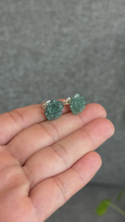 Natural Water Green Jadeite Jade Peony Flower  Earrings in Silver Setting