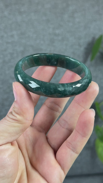 Natural Water Green Semi-Translucent Faceted Natural Jadeite Jade Bangle Leaf Style Size 55 mm