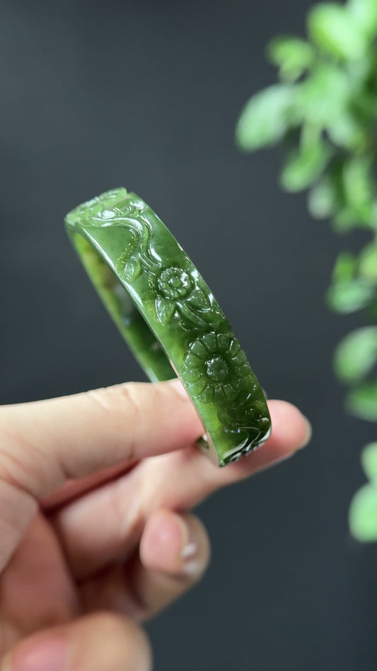 Flower Carving Natural Nephrite Jade VIP Bangle Square Style Size 52 mm
