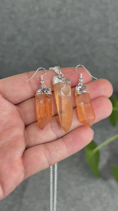 Natural Tangerine Quartz Point Earring and Pendant with Chain Silver Platted
