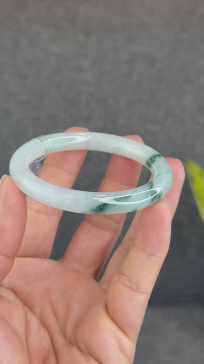 Natural Floating Floral Moss Green Semi Translucent Jadeite Jade VIP Bangle Chopstick Style Size 54 mm