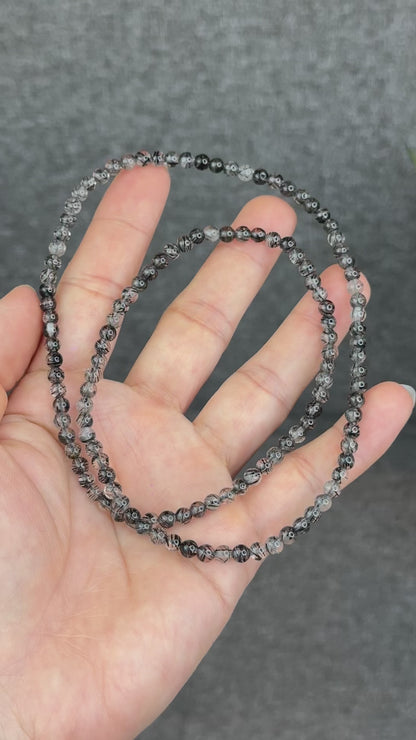 Natural Black Rutilated Quartz Triple Wrap Bracelet Size 4.6 mm