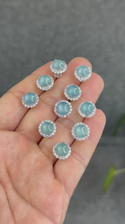 Natural Water Green Jadeite Jade Stud Earrings with S925 Silver With White Stones Setting - High Quality