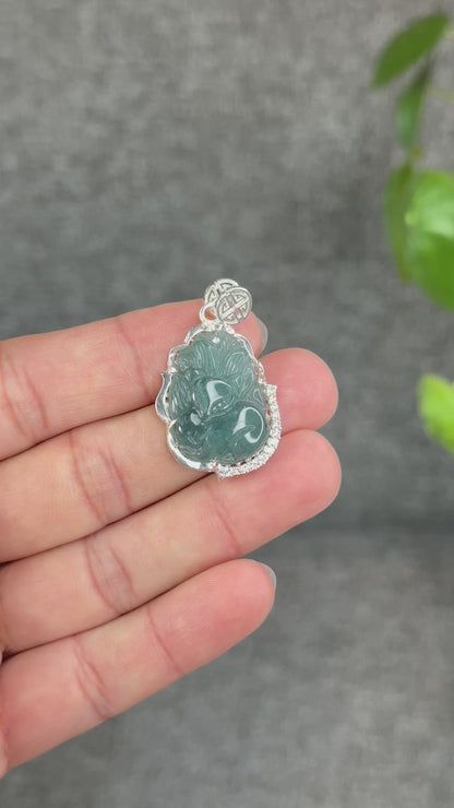 Natural Water Green Jadeite Jade Ho Ly Pendant in Silver Setting