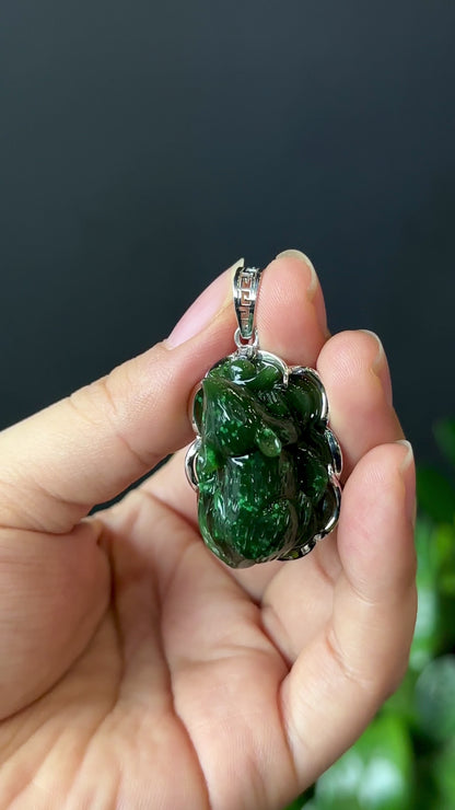 Zodiac Rat Nephrite Jade Pendant in 10k White Gold Setting