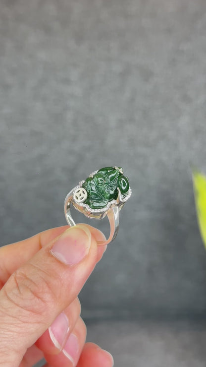 Bague Pixiu Nephrite Jade Argent avec Serti Pierre Blanche Taille 1.7