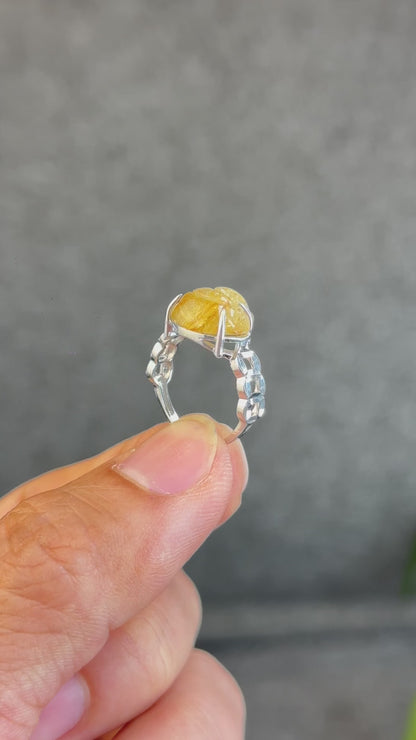Natural Golden Rutilated Quartz Ho Ly Ring in Silver White Gold Plated Setting Size 1.8