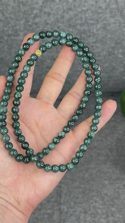 Natural Type A Jadeite Jade Dark Water Green Semi Translucent Triple Wrap Size 6.5 mm